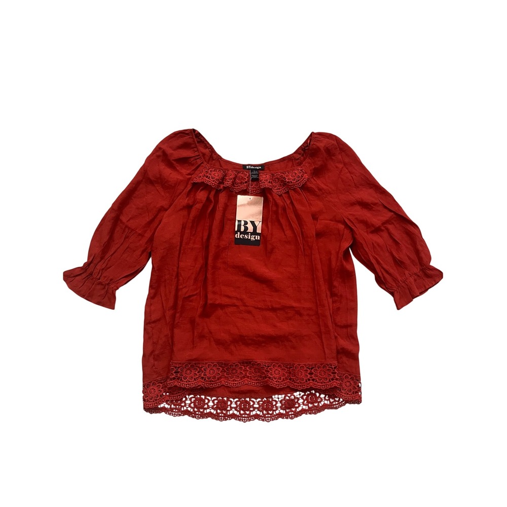 BYdesign Womens Rooibos Tea Red Crochet Trim 3/4 Sleeve Top‎ Large NEW